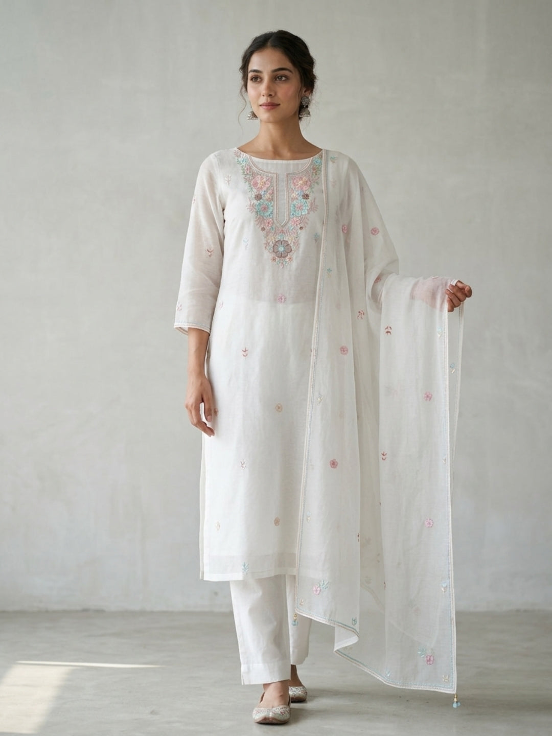 Women Hand Embroidered Chikankari  Mul Chanderi Dress Material PCSRS153501FS-WHITEANDMULTI