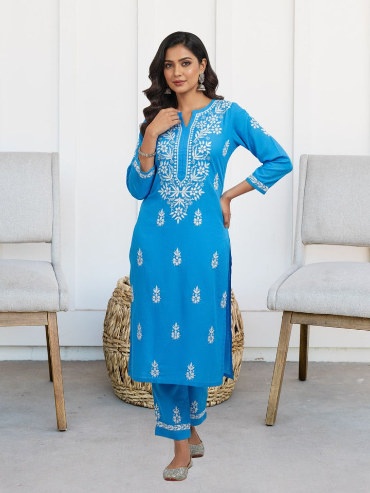 Women Hand Embroidered Chikankari Cotton kurta set PC4107KS Denim