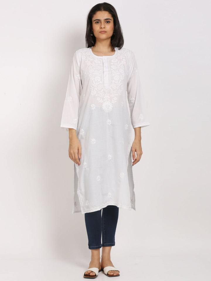 Hand Embroidered Chikankari Straight Floral Cotton Kurta-NTV115 White