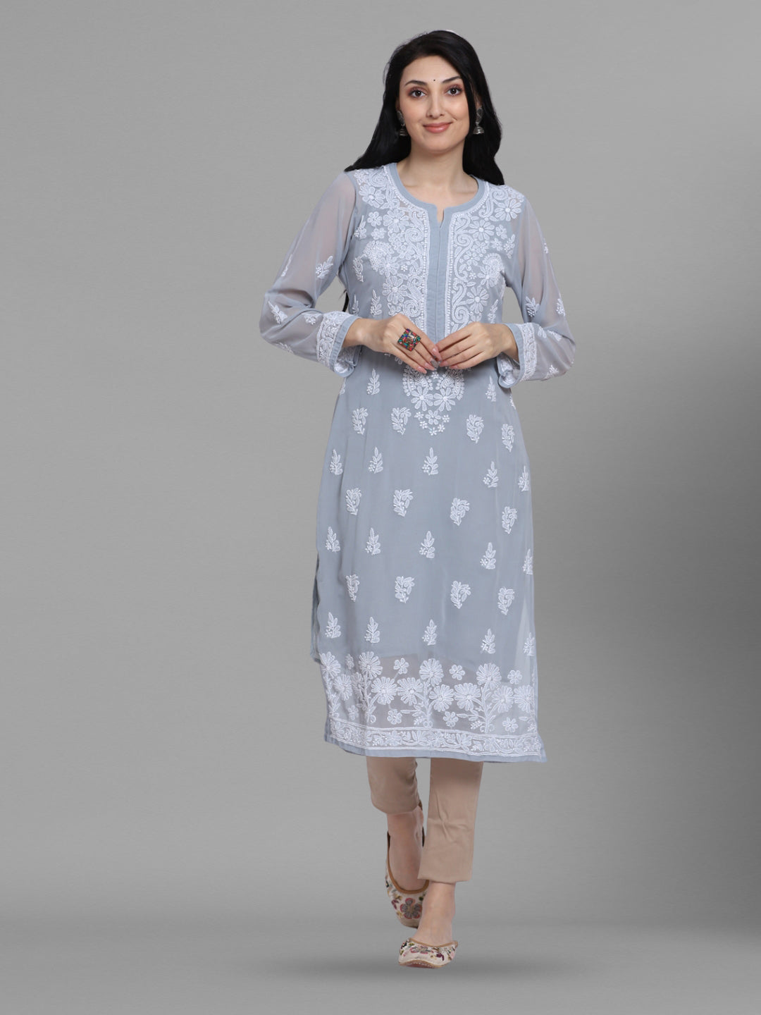 Women Hand Embroidered Chikankari Georgette Straight Kurta with Matching Slip PC3511