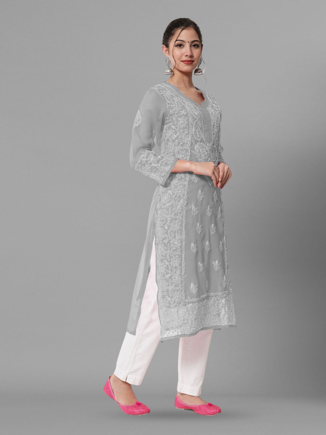 Hand Embroidered Chikankari Georgette straight Kurta With Matching Slip- PC3485