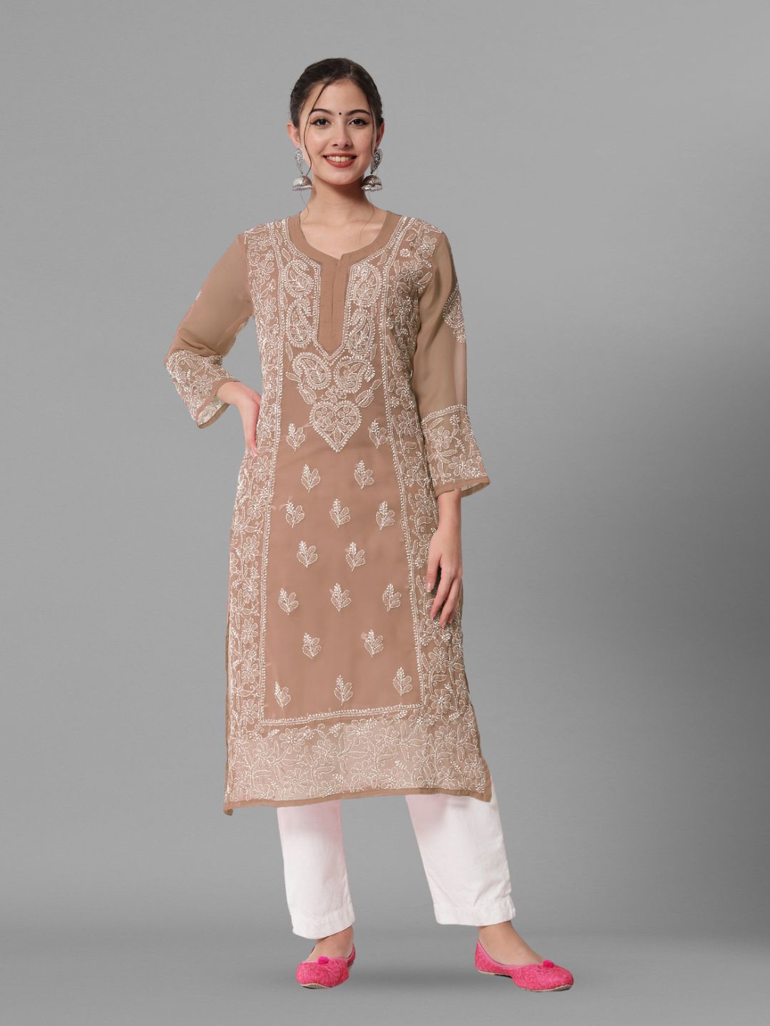 Hand Embroidered Chikankari Georgette straight Kurta With Matching Slip- PC3485