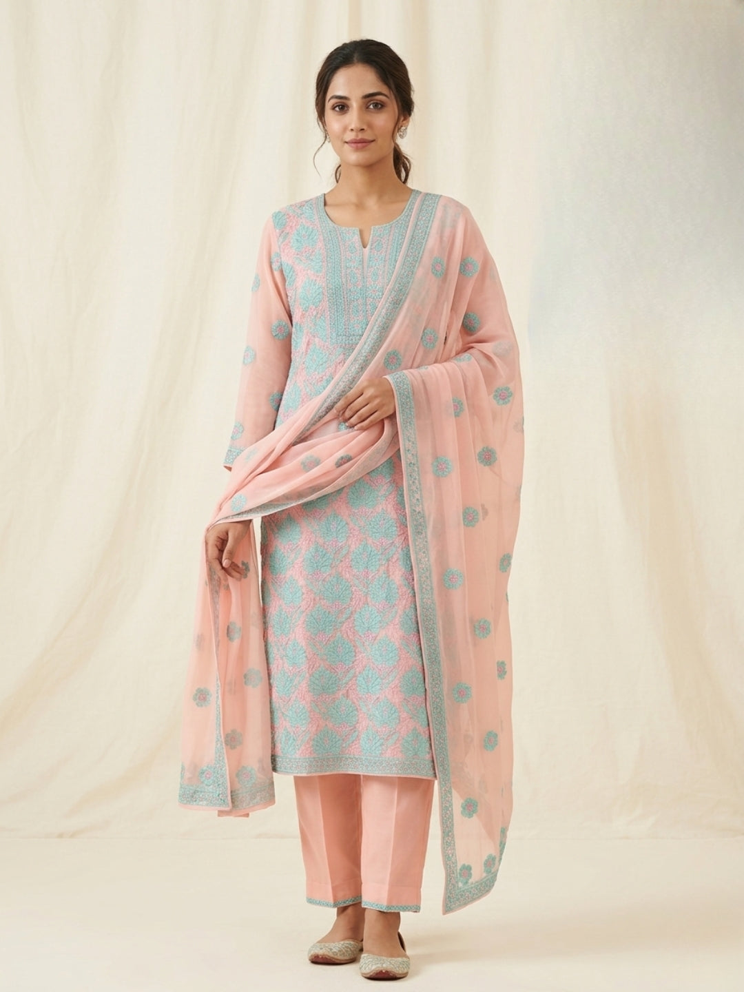 Women Hand Embroidered Chikankari  Georgette Dress Material PCSCP09709FS-PEACHANDGREEN