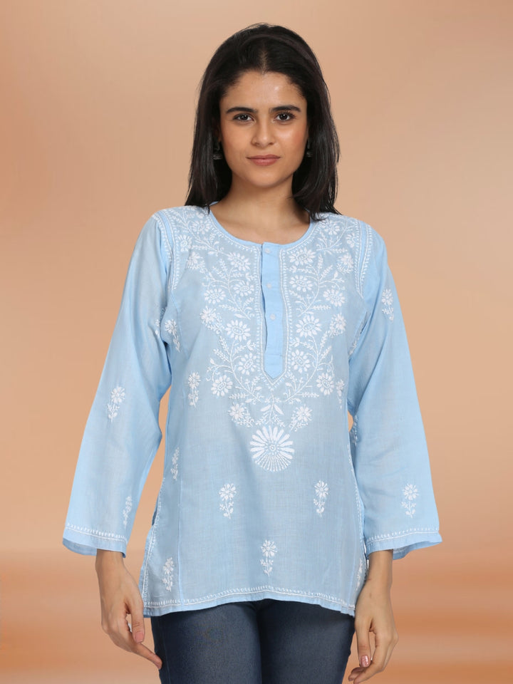 Women Hand Embroidered Chikankari Cotton Kurti-STV115