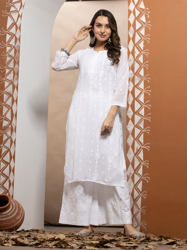 Hand Embroidered Chikankari Viscose Georgette Straight  Kurta- PC3640