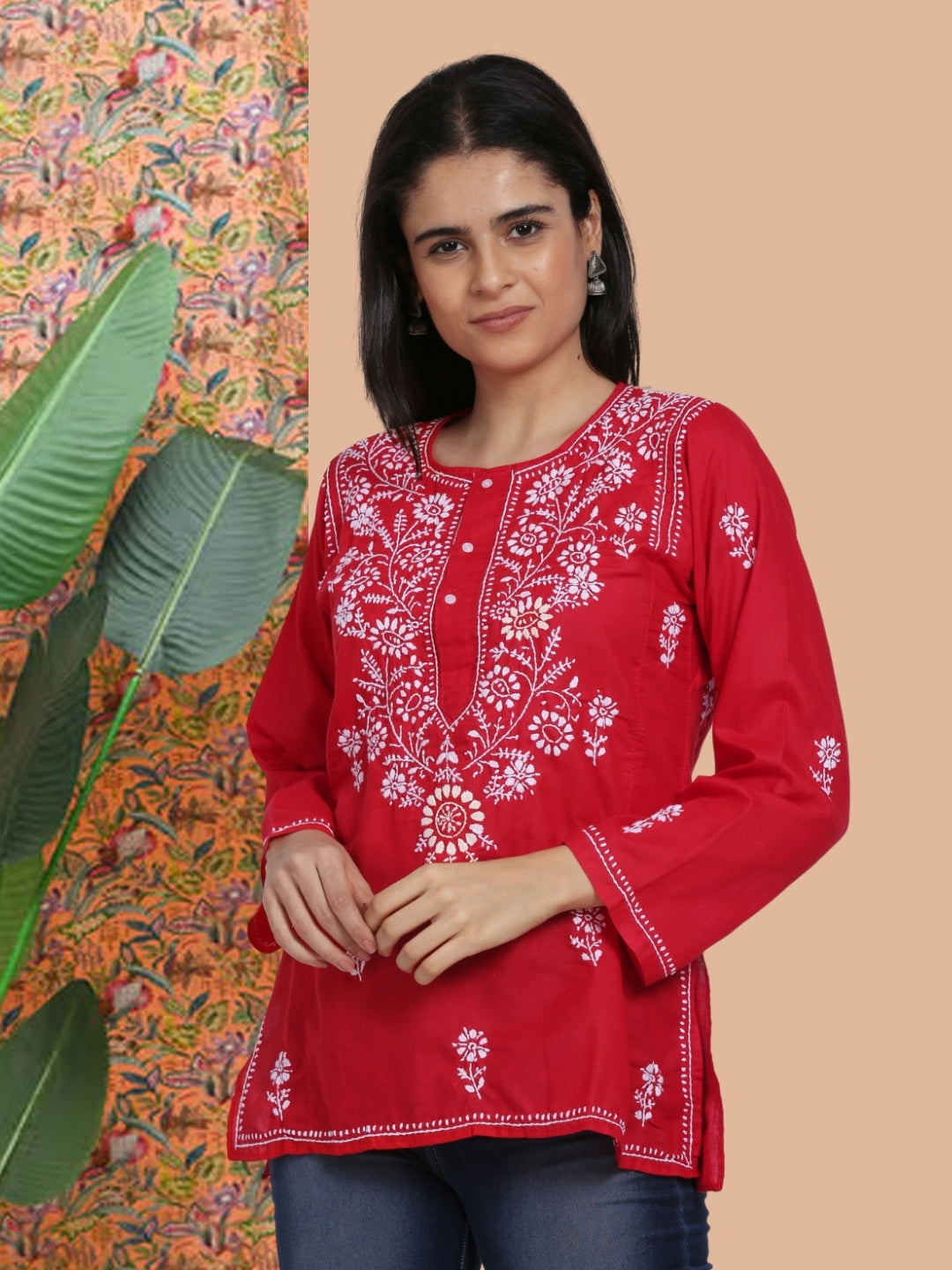 Women Hand Embroidered Chikankari Cotton Kurti-STV115