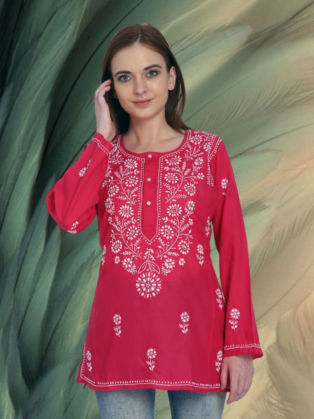 Women Hand Embroidered Chikankari Cotton Kurti-STV115