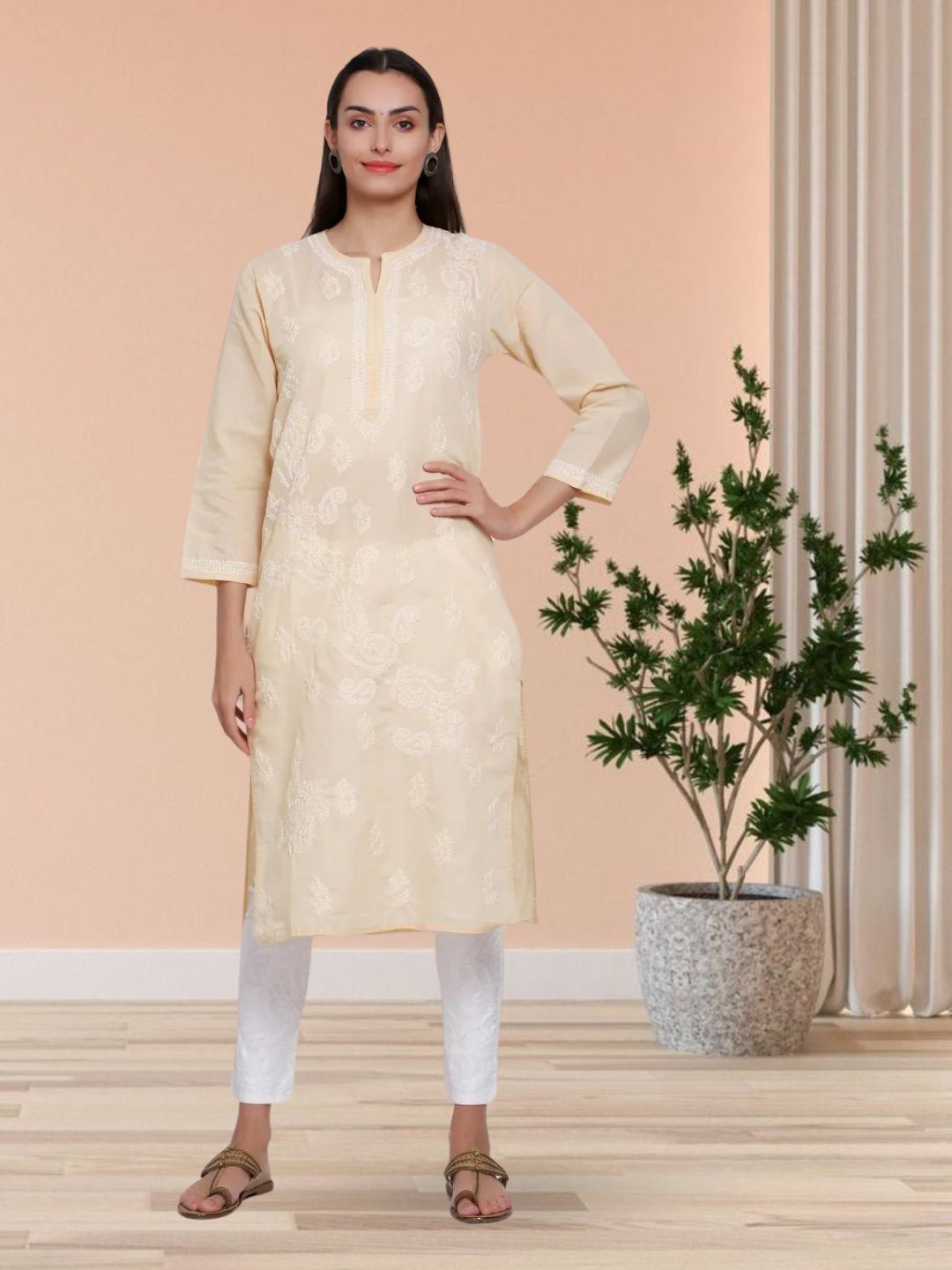 Hand Embroidered Chikankari Cotton Straight Kurta PC3496