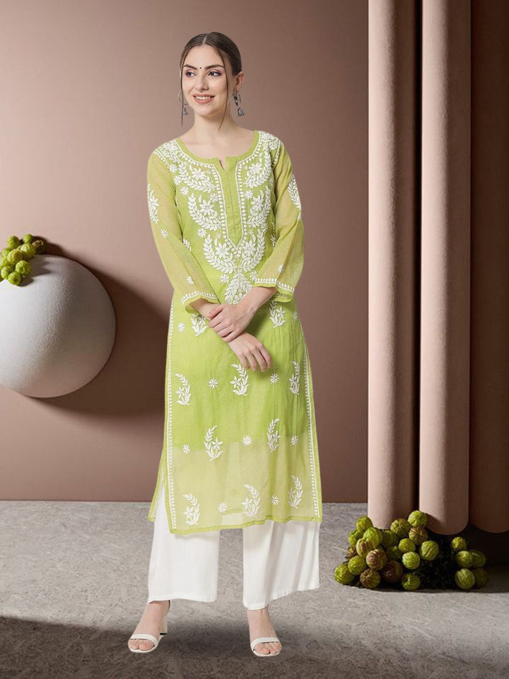 Hand Embroidered Chikankari Kota Cotton Straight Kurta with matching Slip- PC3537