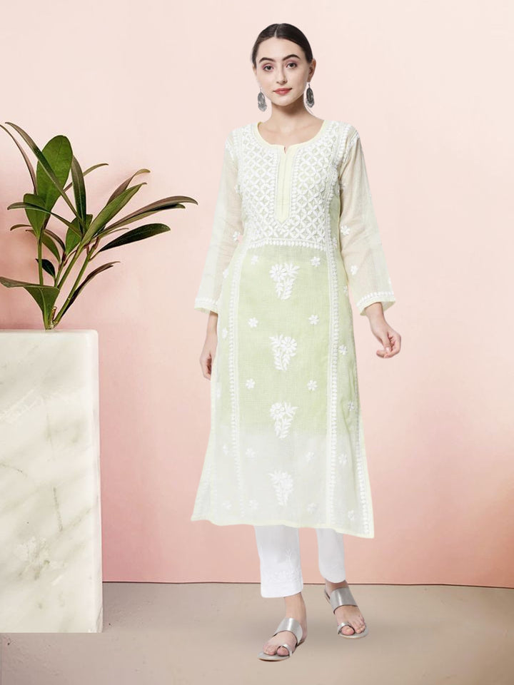 Hand Embroidered Chikankari Kota Cotton straight Kurta with matching Slip- PC3593