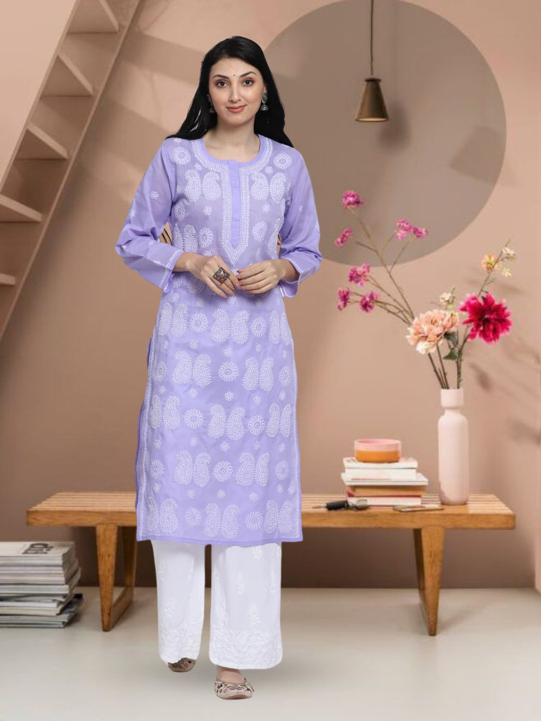 Hand Embroidered Chikankari Cotton Straight Kurta- PC3495