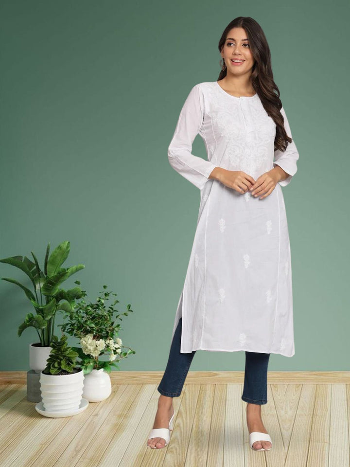 Hand Embroidered White Chikankari Cotton straight Kurta-PC3469