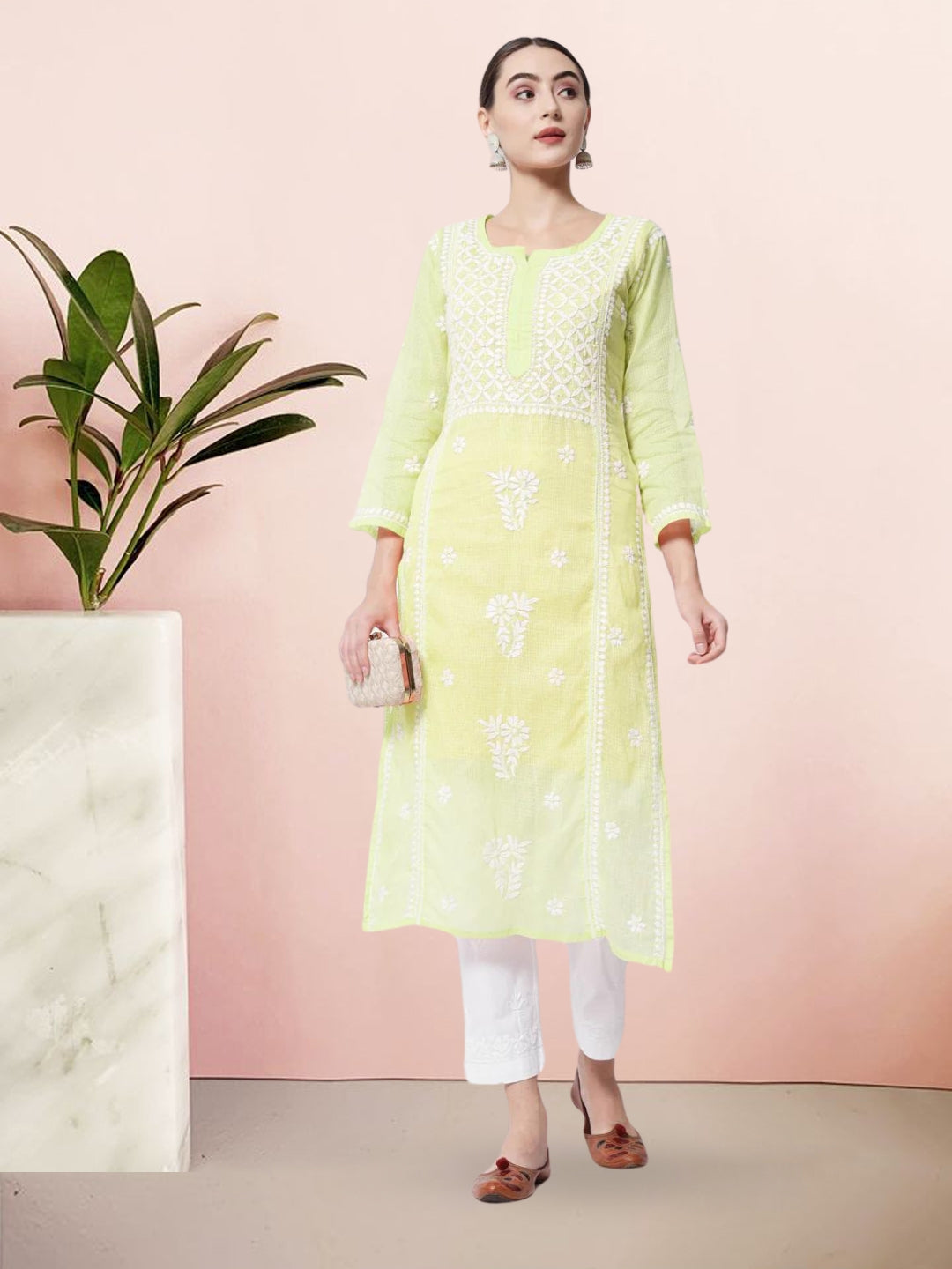 Hand Embroidered Chikankari Kota Cotton straight Kurta with matching Slip- PC3593