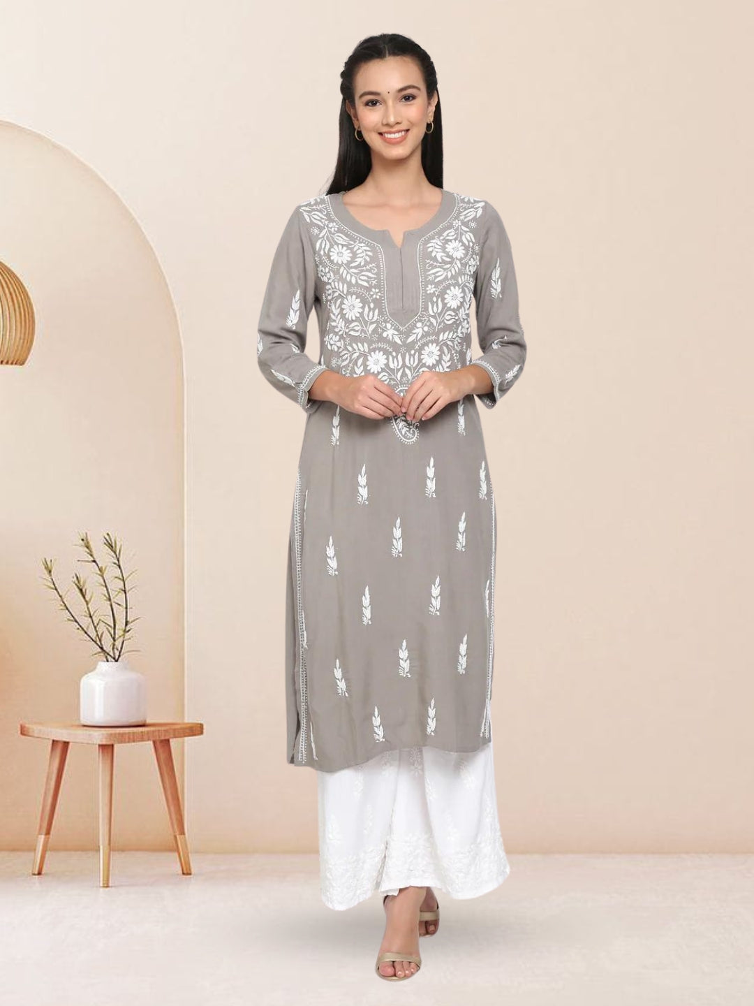 Hand Embroidered White Chikankari Rayon straight Kurta-PC3451