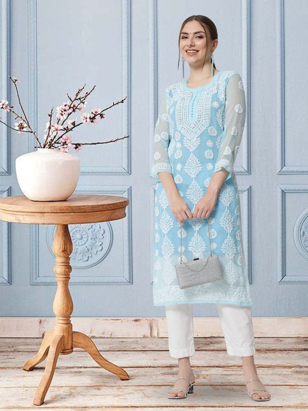 women Hand Embroidered Chikankari Georgette Straight Kurta With Matching Slip- PC3533