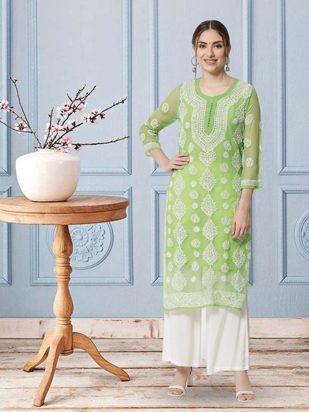 women Hand Embroidered Chikankari Georgette Straight Kurta With Matching Slip- PC3533