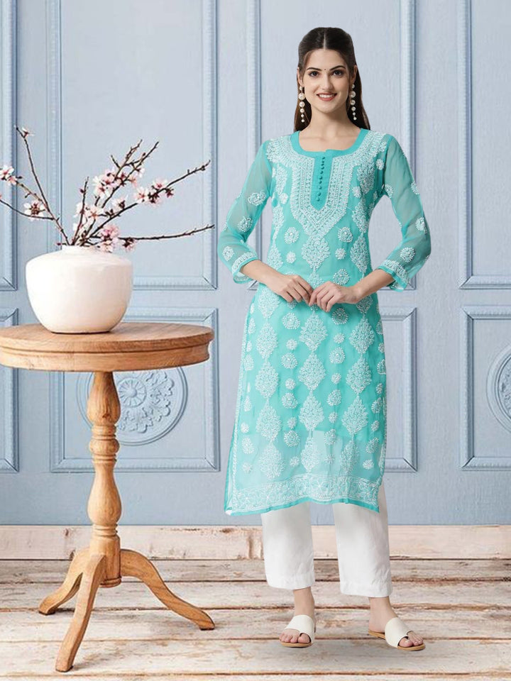 women Hand Embroidered Chikankari Georgette Straight Kurta With Matching Slip- PC3533