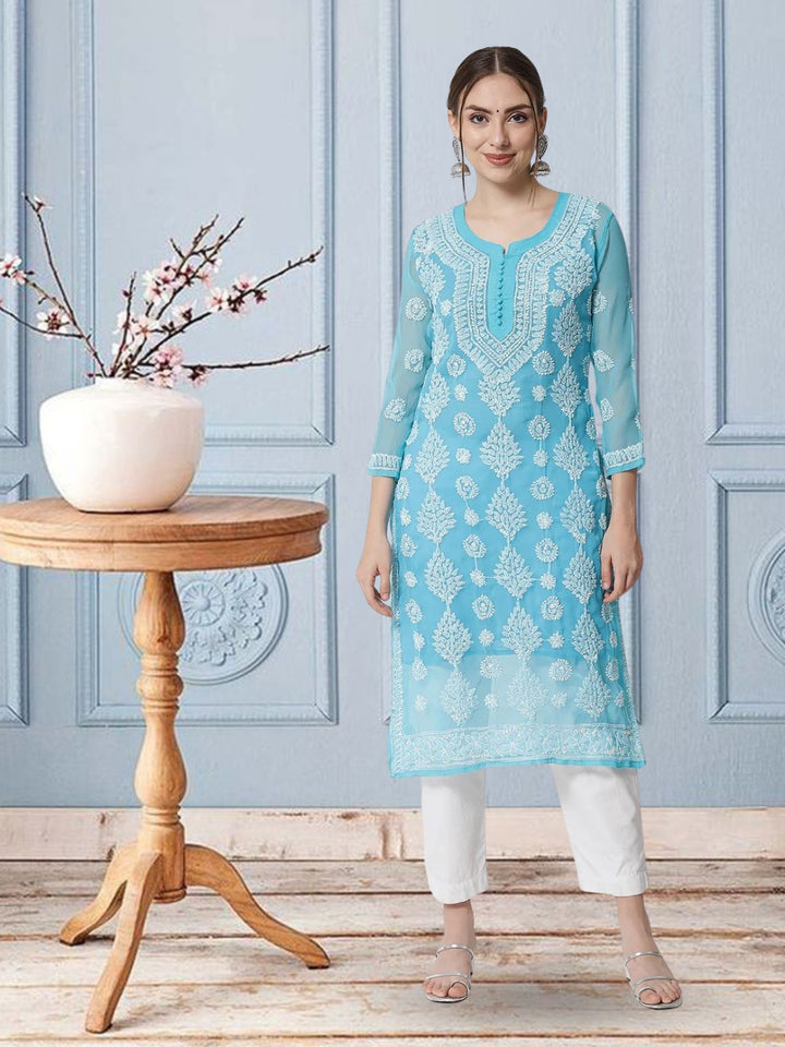 women Hand Embroidered Chikankari Georgette Straight Kurta With Matching Slip- PC3533