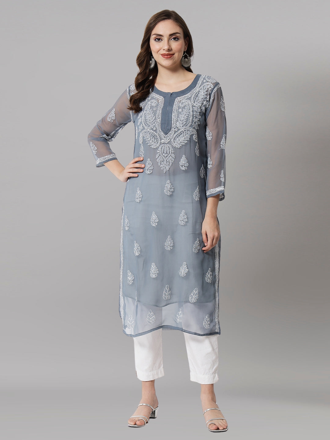 Hand Embroidered Chikankari Georgette straight Kurta with Matching Slip- PC3487