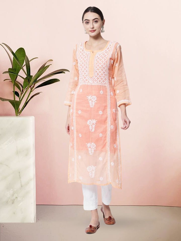 Hand Embroidered Chikankari Kota Cotton straight Kurta with matching Slip- PC3593