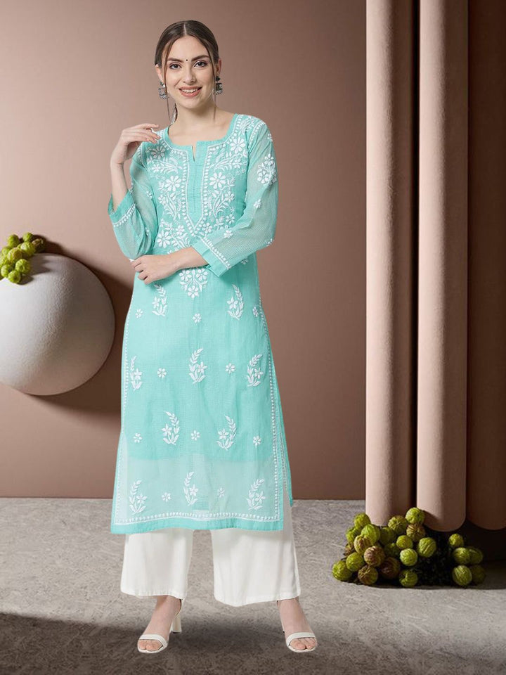 Hand Embroidered Chikankari Kota Cotton Straight Kurta with matching Slip- PC3537