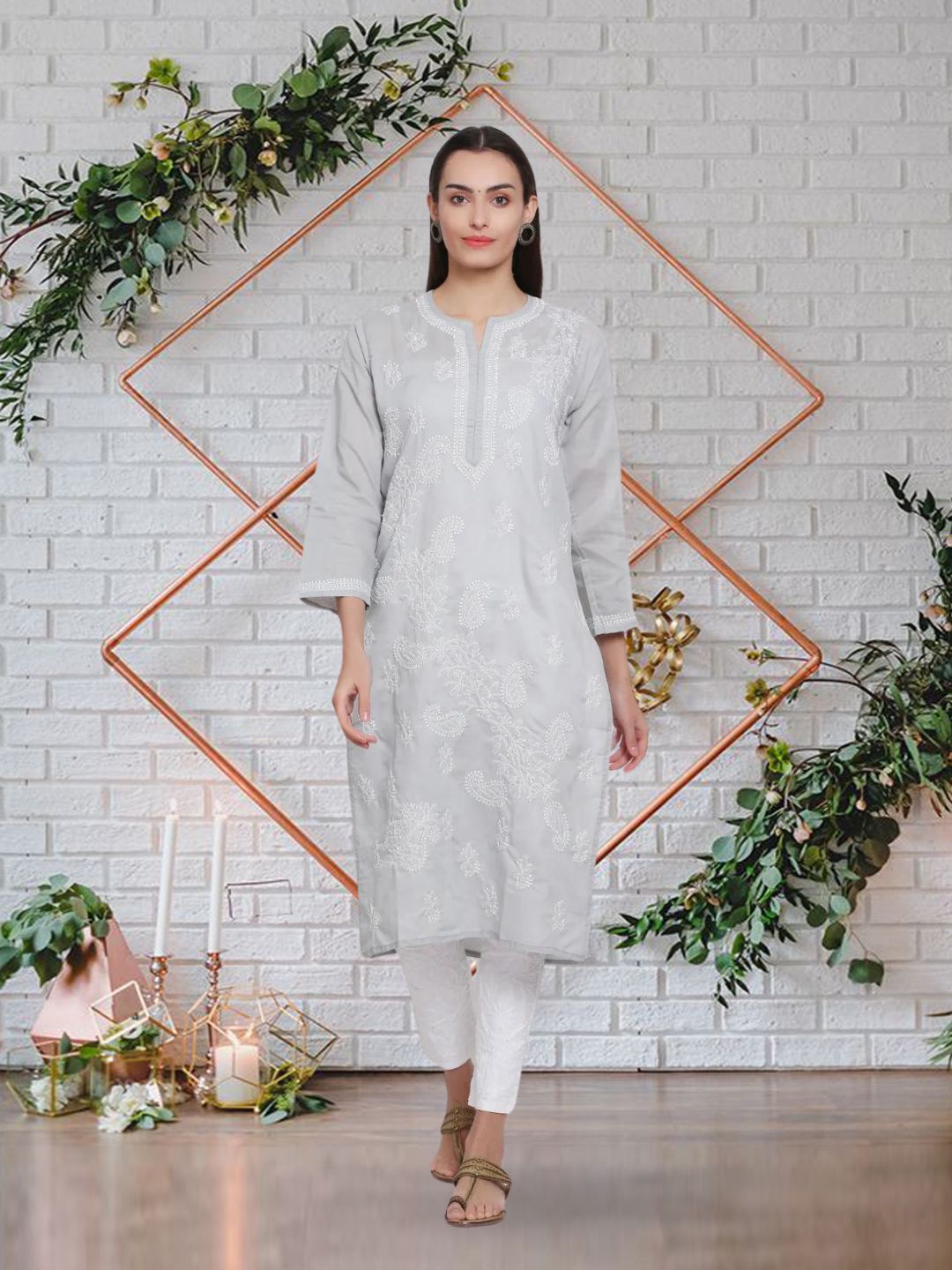 Hand Embroidered Chikankari Cotton Straight Kurta PC3496