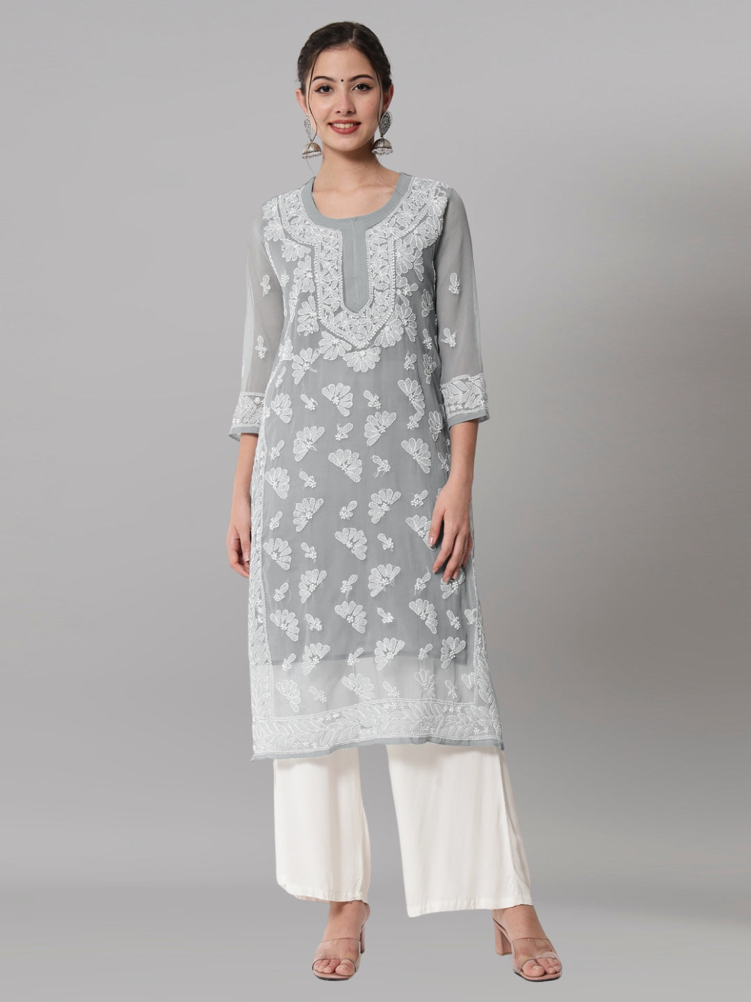 Women Hand Embroidered Chikankari Georgette Straight Kurta With Matching Slip- PC3545