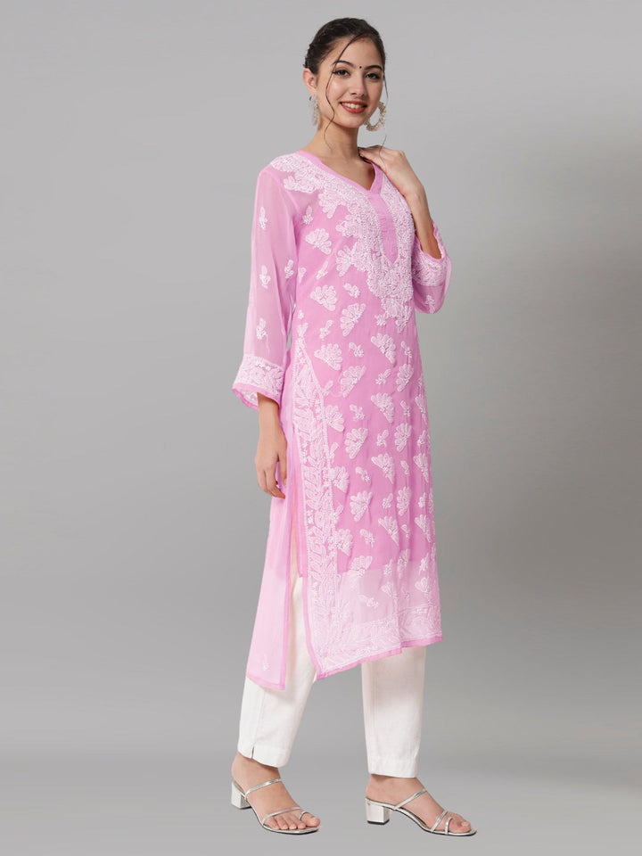 Women Hand Embroidered Chikankari Georgette Straight Kurta With Matching Slip- PC3545