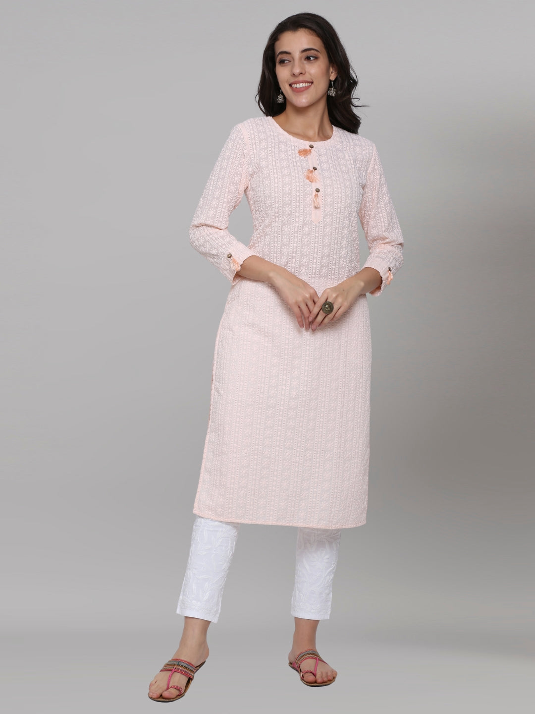 Hand Embroidered White Chikankari Cotton straight Kurta-PC3461