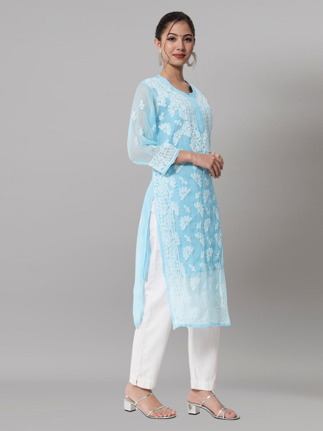 Women Hand Embroidered Chikankari Georgette Straight Kurta With Matching Slip- PC3545