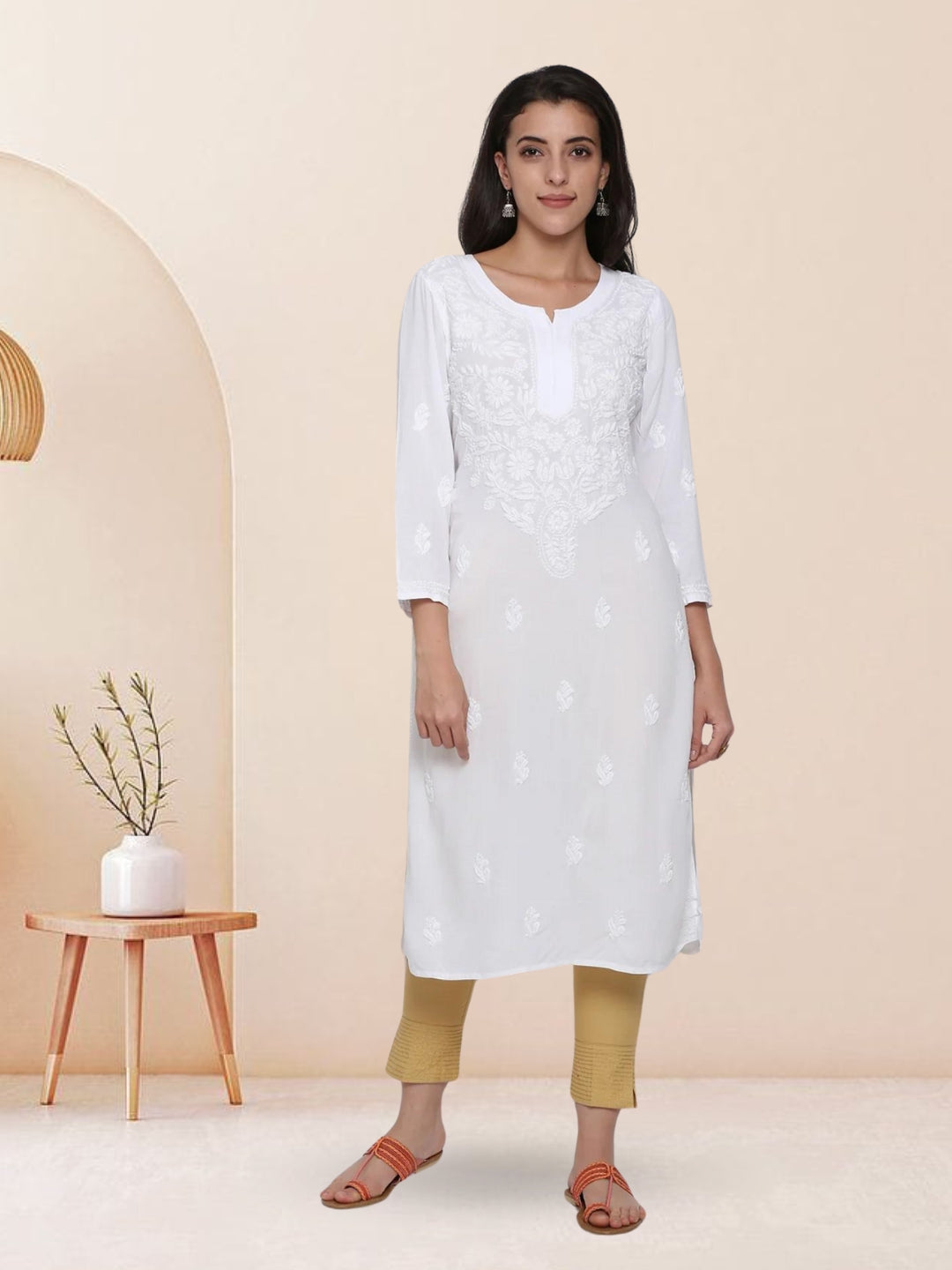 Hand Embroidered White Chikankari Rayon straight Kurta-PC3451