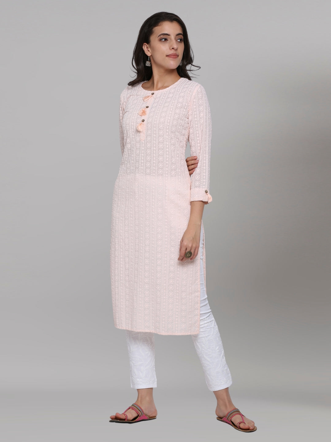 Hand Embroidered White Chikankari Cotton straight Kurta-PC3461