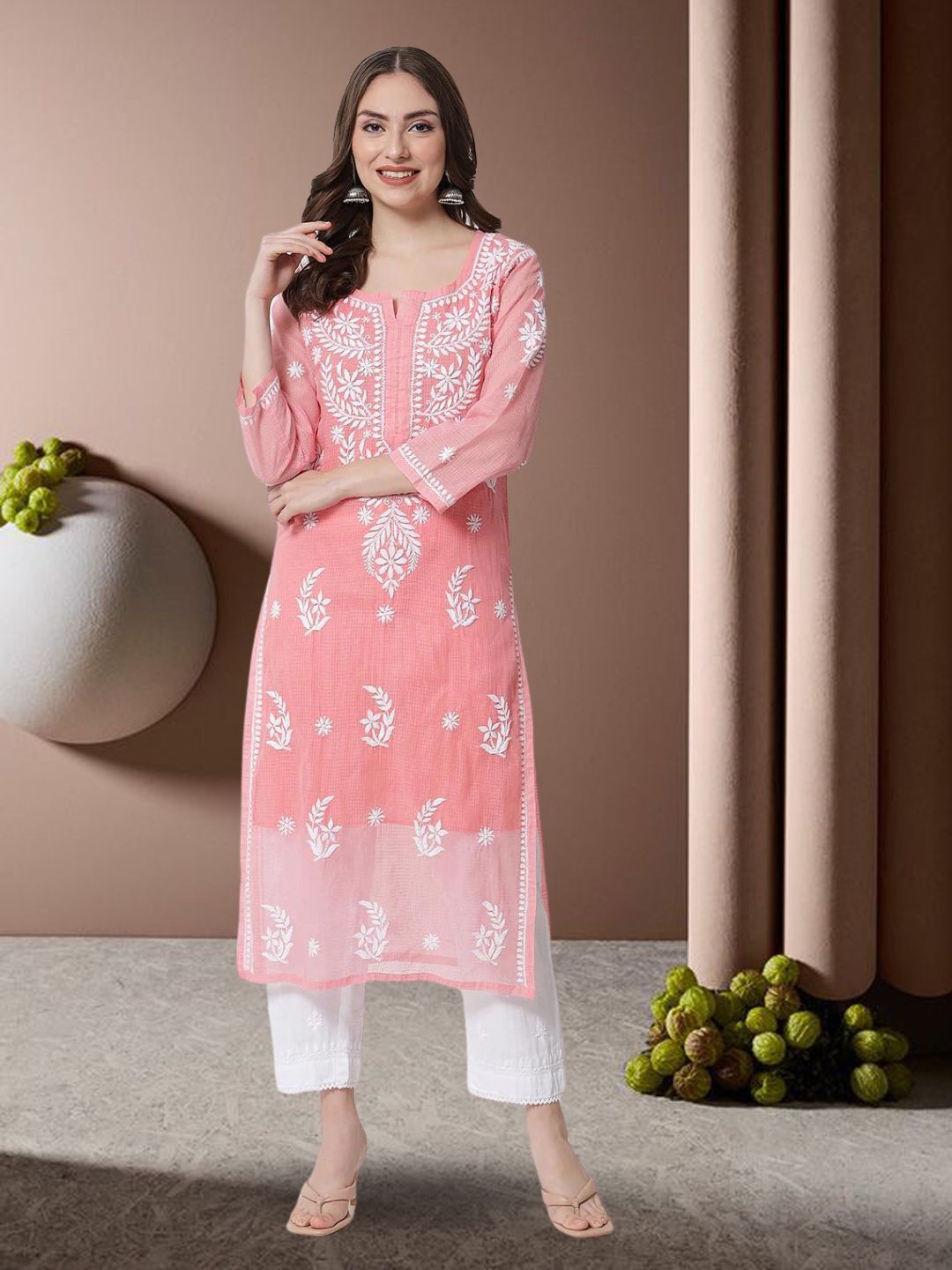 Hand Embroidered Chikankari Kota Cotton Straight Kurta with matching Slip- PC3537