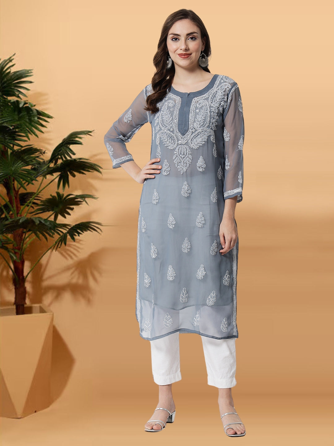 Hand Embroidered Chikankari Georgette straight Kurta with Matching Slip- PC3487