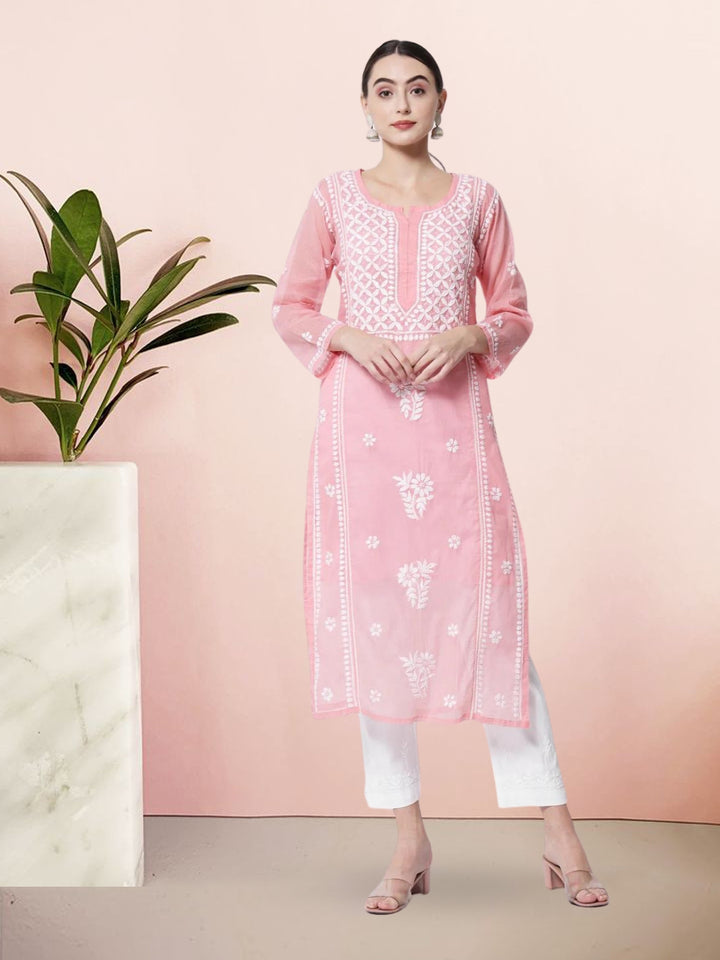 Hand Embroidered Chikankari Kota Cotton straight Kurta with matching Slip- PC3593