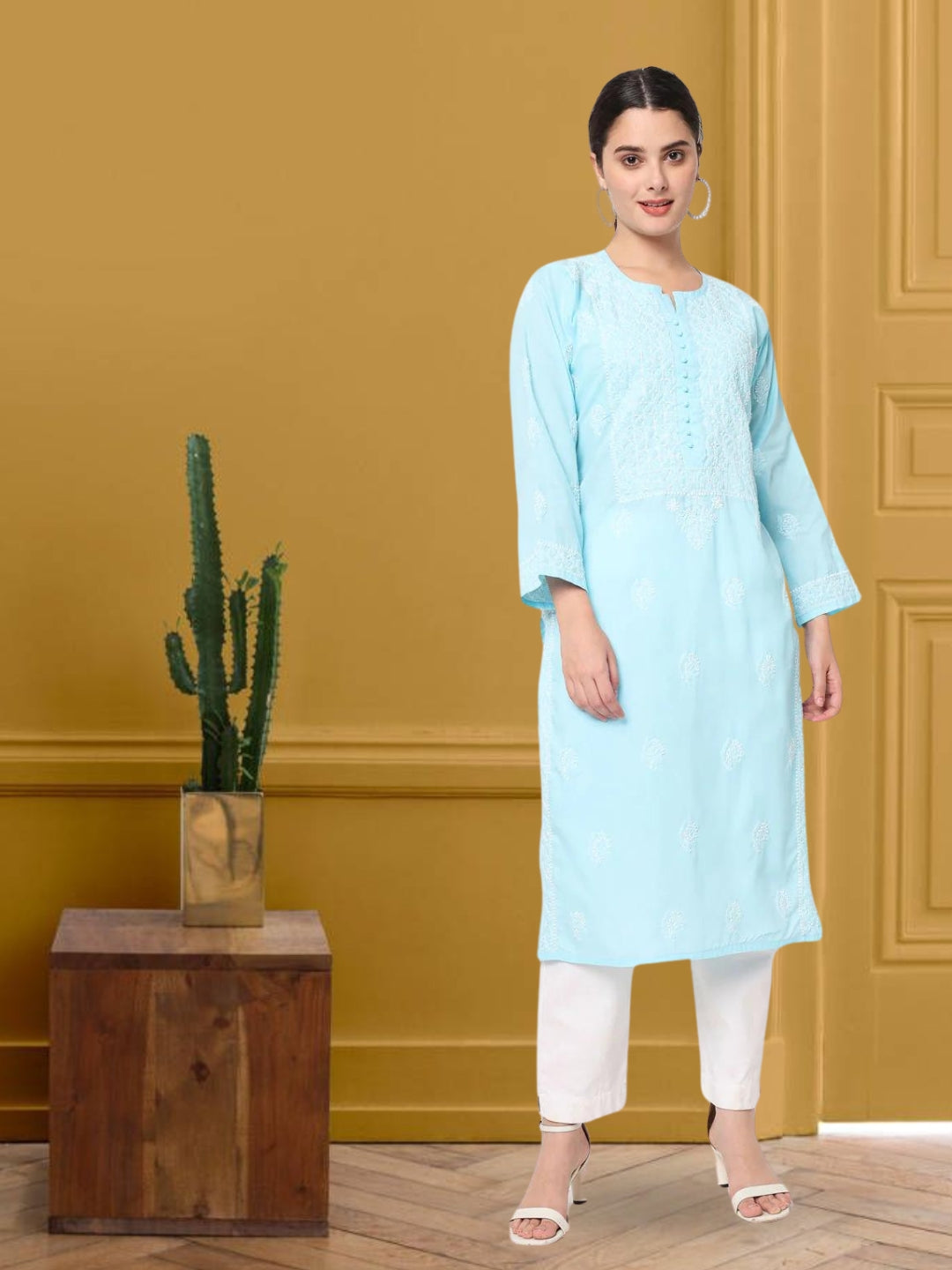 Hand Embroidered Chikankari Cotton Straight Kurta- PC3579