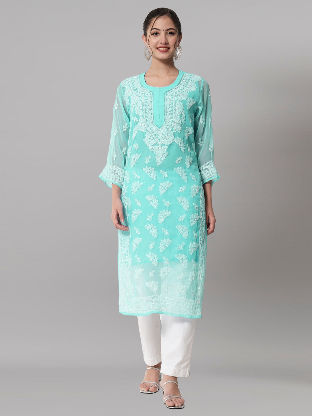 Women Hand Embroidered Chikankari Georgette Straight Kurta With Matching Slip- PC3545