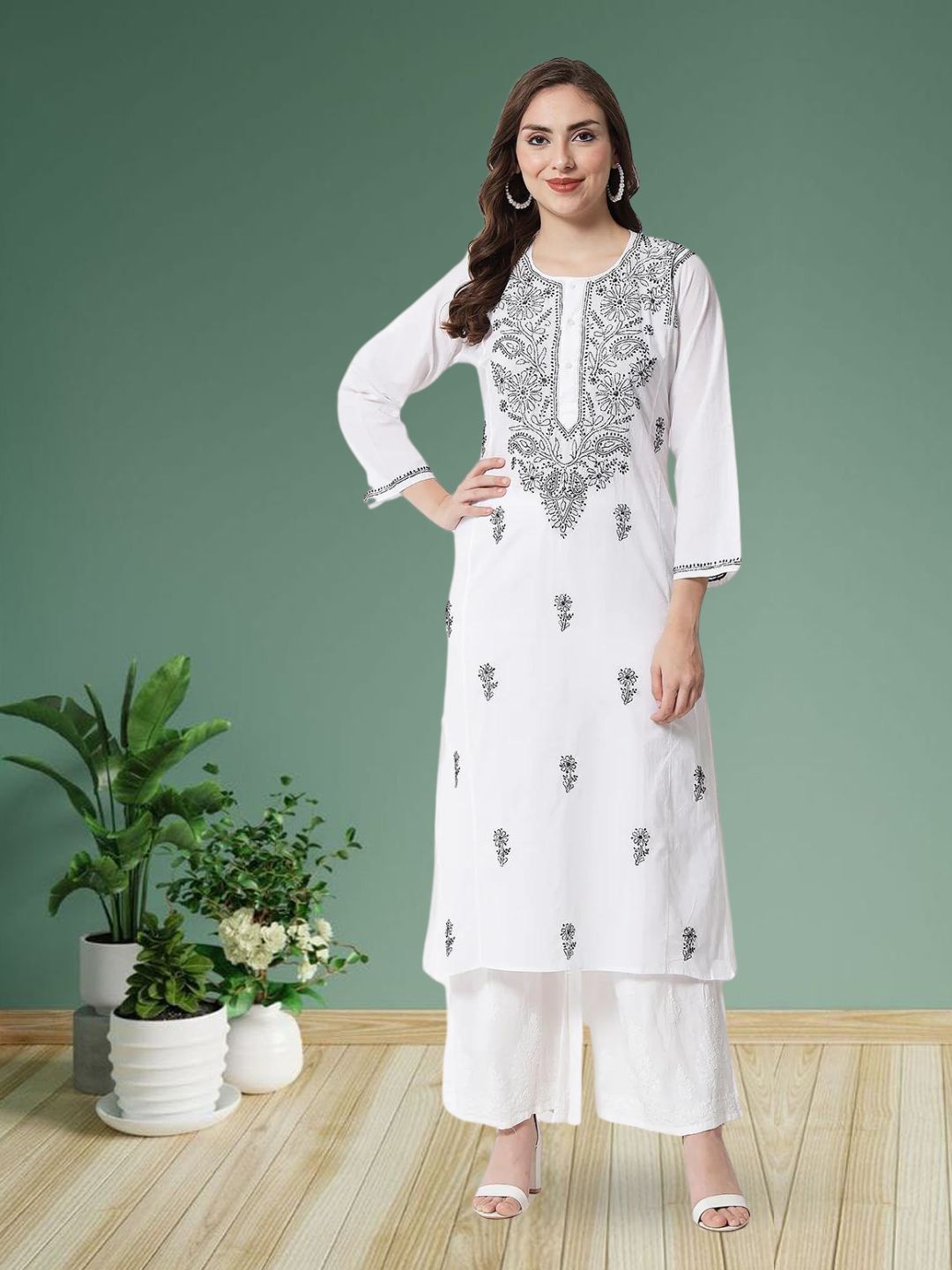 Hand Embroidered White Chikankari Cotton straight Kurta-PC3469