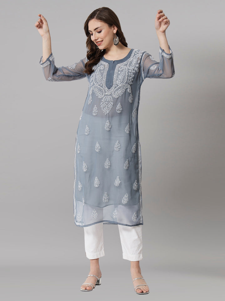 Hand Embroidered Chikankari Georgette straight Kurta with Matching Slip- PC3487