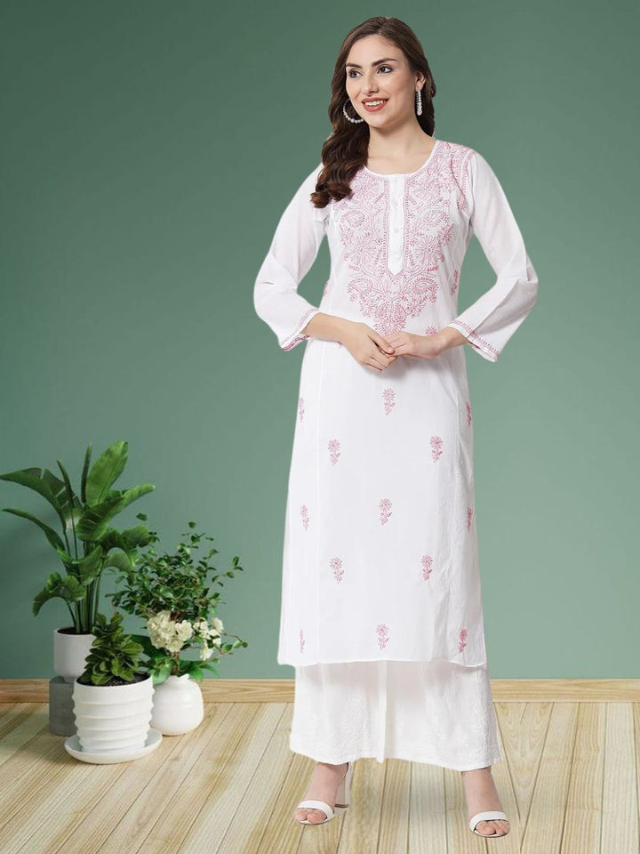 Hand Embroidered White Chikankari Cotton straight Kurta-PC3469