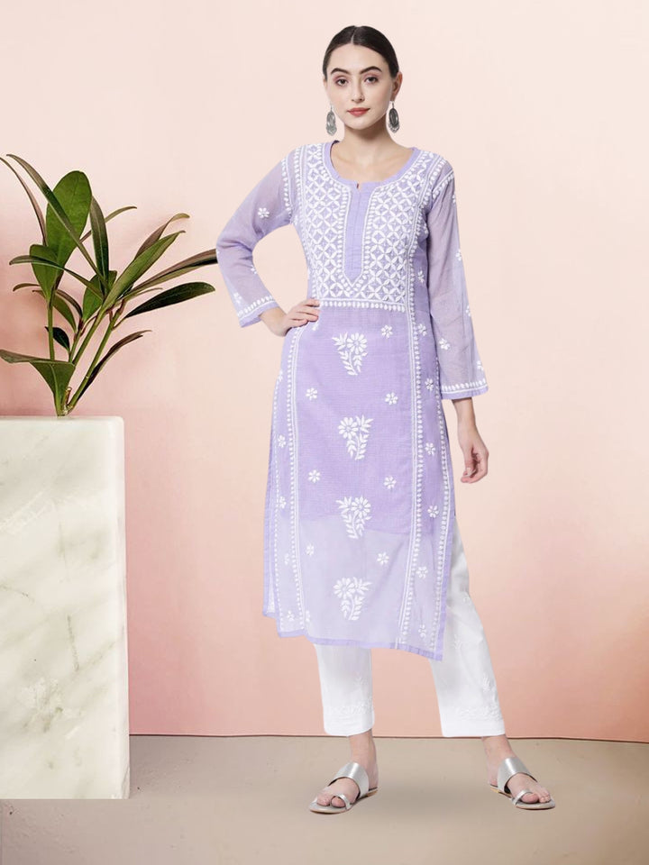 Hand Embroidered Chikankari Kota Cotton straight Kurta with matching Slip- PC3593