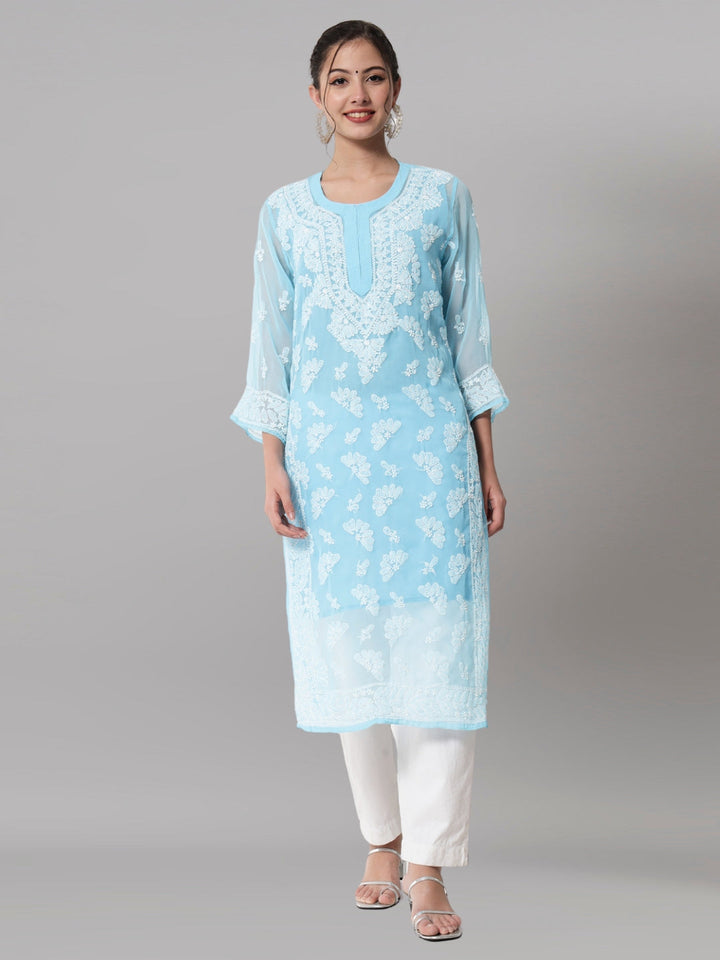 Women Hand Embroidered Chikankari Georgette Straight Kurta With Matching Slip- PC3545