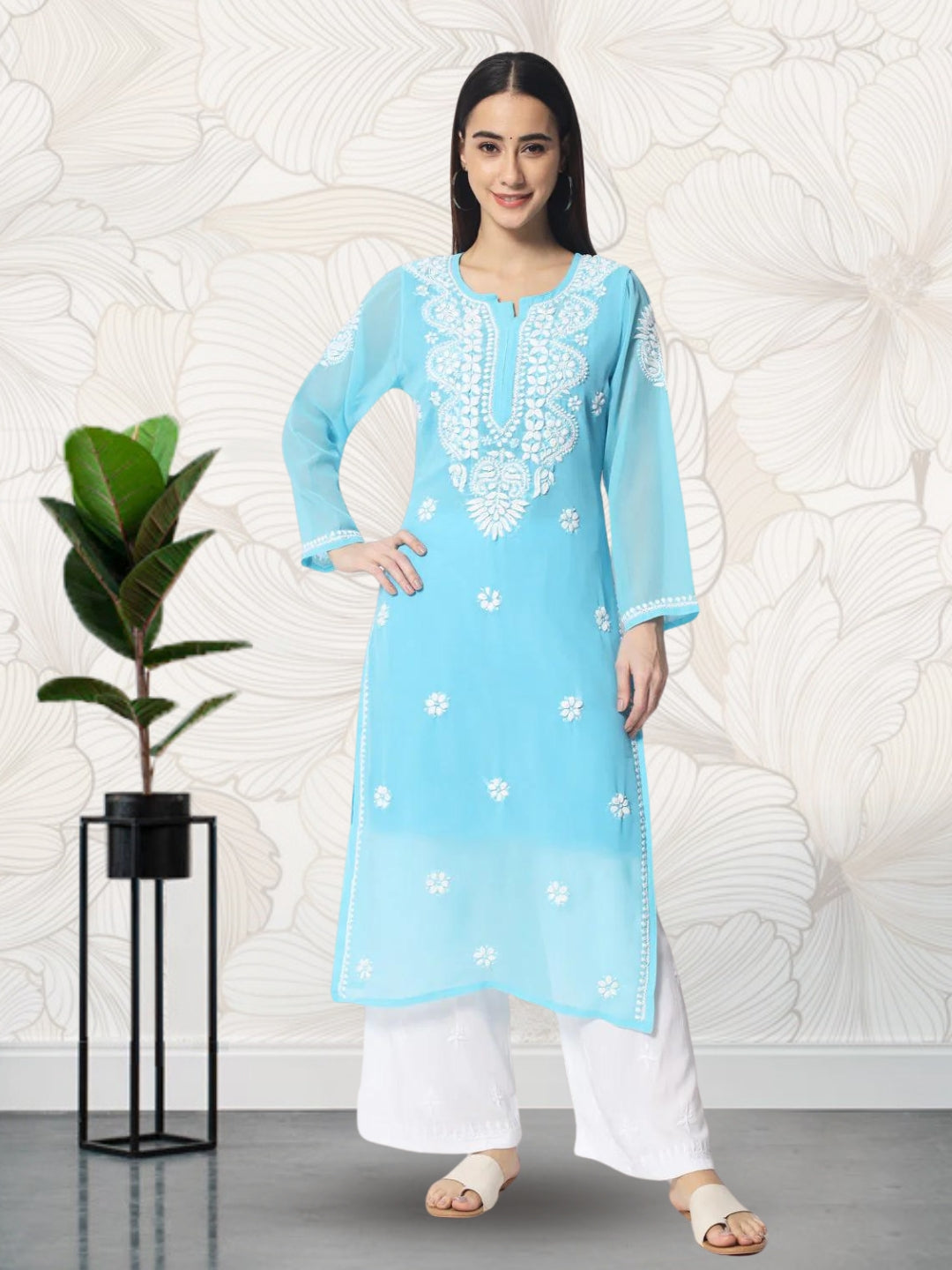 Hand Embroidered Georgette Straight Kurta With Matching Slip-PC3512