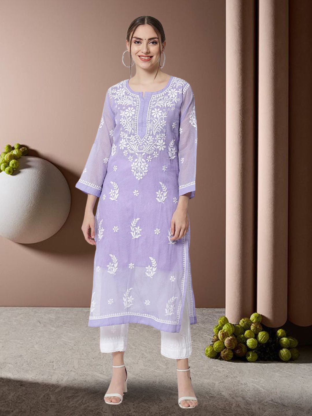 Hand Embroidered Chikankari Kota Cotton Straight Kurta with matching Slip- PC3537