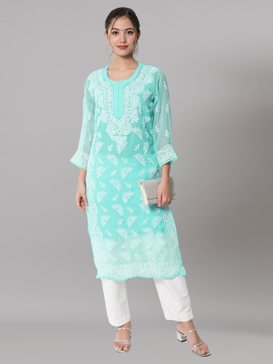 Women Hand Embroidered Chikankari Georgette Straight Kurta With Matching Slip- PC3545