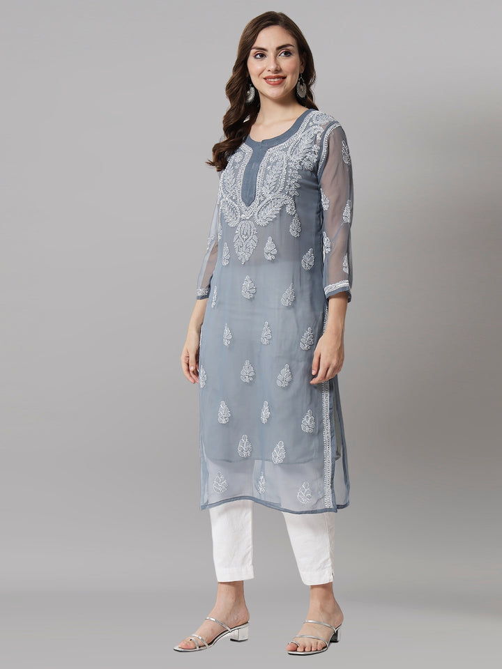 Hand Embroidered Chikankari Georgette straight Kurta with Matching Slip- PC3487