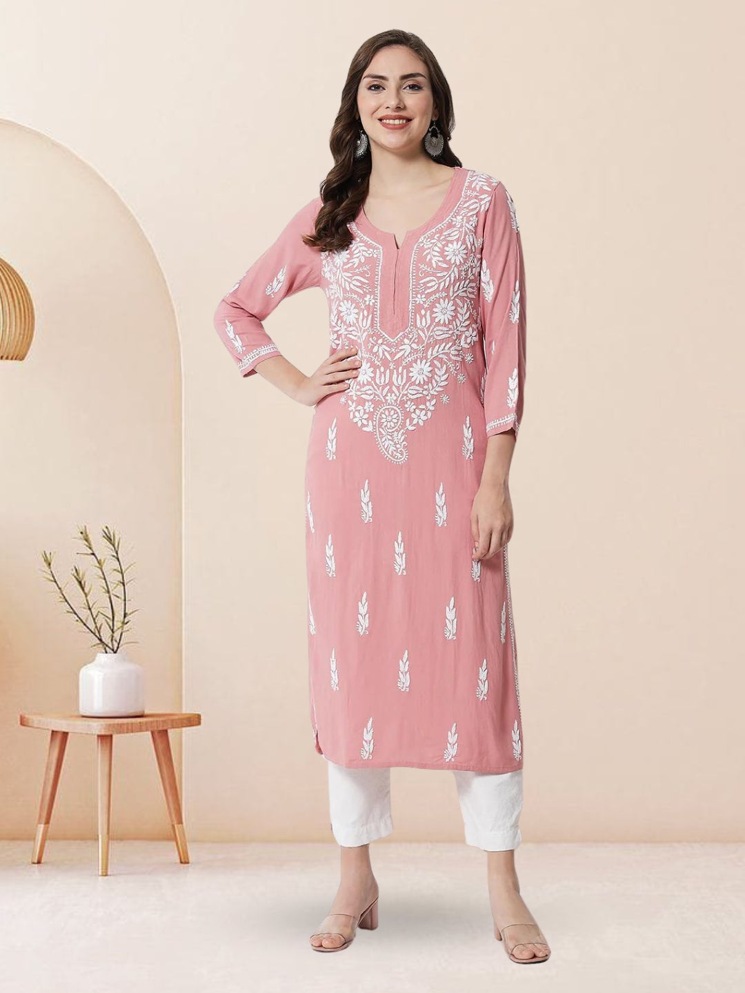 Hand Embroidered White Chikankari Rayon straight Kurta-PC3451