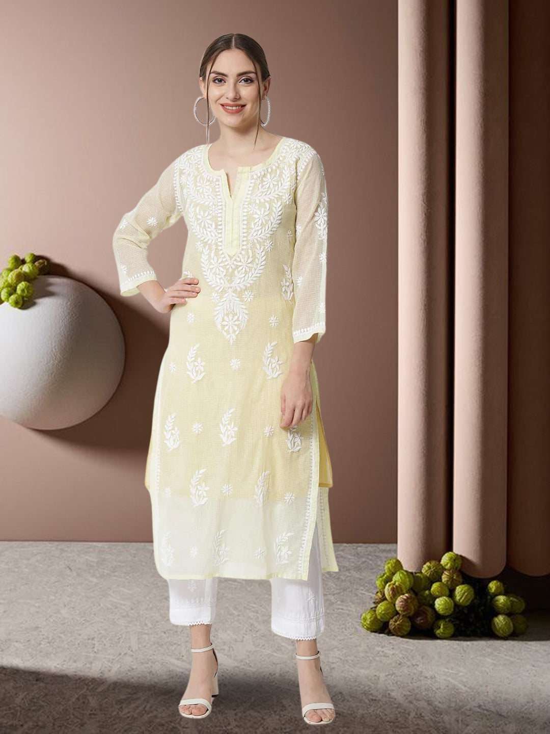 Hand Embroidered Chikankari Kota Cotton Straight Kurta with matching Slip- PC3537