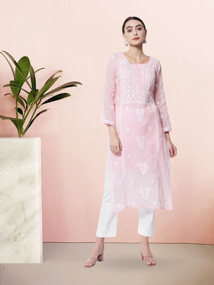 Hand Embroidered Chikankari Kota Cotton straight Kurta with matching Slip- PC3593