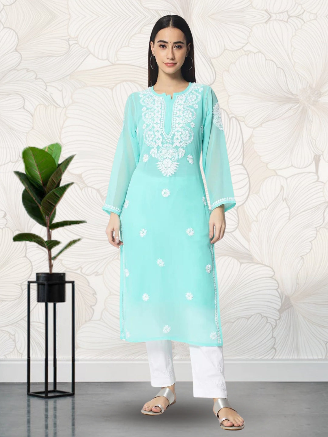 Hand Embroidered Georgette Straight Kurta With Matching Slip-PC3512